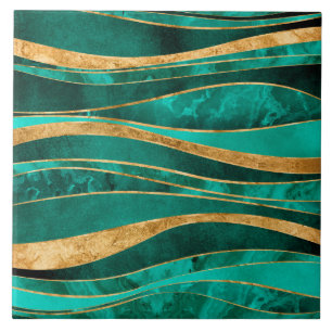 Azulejo De Cerâmica Emerald Green - Abstrato de onda metálica Dourada