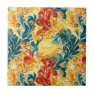 Azulejo De Cerâmica Emerald Green e Douradas Folhas de Abstrato Paisle