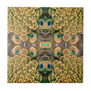 Azulejo De Cerâmica Emerald Green e Douradas Penas de Peacock