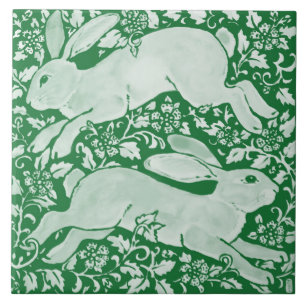 Azulejo De Cerâmica Emerald Green Leaping Rabbits Chinoiserie Floral