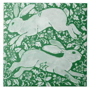 Azulejo De Cerâmica Emerald Green Leaping Rabbits Chinoiserie Floral 