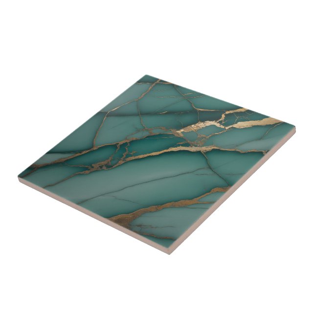 Azulejo De Cerâmica Emerald Green Marble & Gold Vein Luxe Accent  (Lateral)