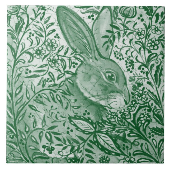 Azulejo De Cerâmica Emerald Green Rabbit Bunny Intricate Folaf Floral (Frente)