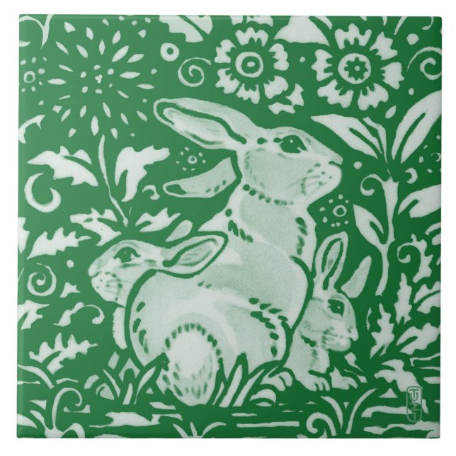 Azulejo De Cerâmica Emerald Green Rabbit Mãe Família Chinoiserie Flora (Frente)