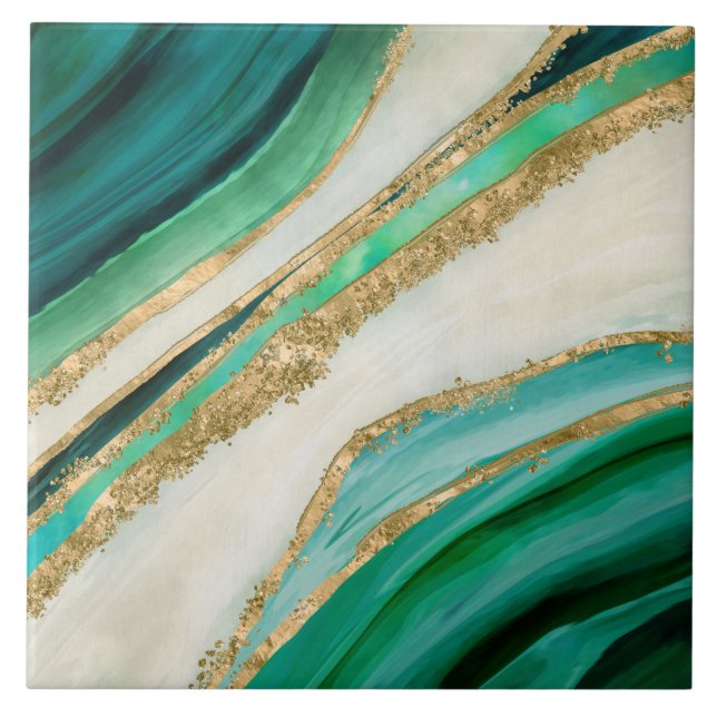 Azulejo De Cerâmica Emerald green watercolor and gold (Frente)