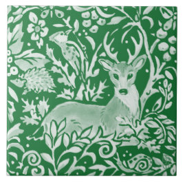 Azulejo De Cerâmica Emerald Green Woodland Animal Deer Hedgehog Floral