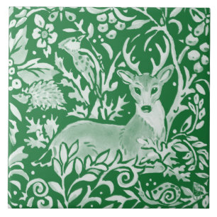Azulejo De Cerâmica Emerald Green Woodland Animal Deer Hedgehog Floral