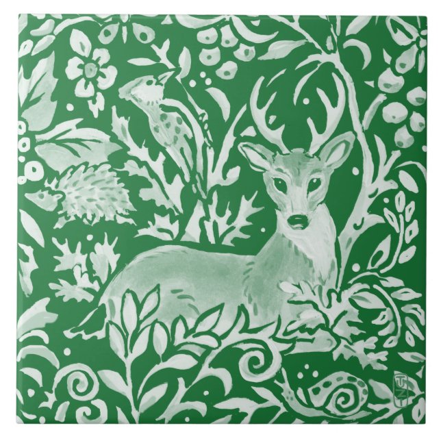 Azulejo De Cerâmica Emerald Green Woodland Animal Deer Hedgehog Floral (Frente)