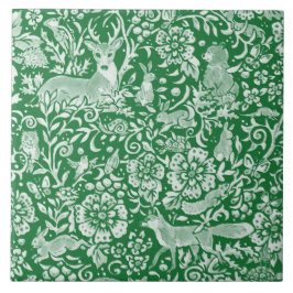 Azulejo De Cerâmica Emerald Green Woodland Animal Deer Rabbit Floral