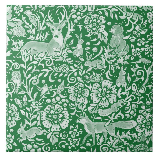 Azulejo De Cerâmica Emerald Green Woodland Animal Deer Rabbit Floral (Frente)