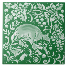 Azulejo De Cerâmica Emerald Green Woodland Raccoon Intricate Floral