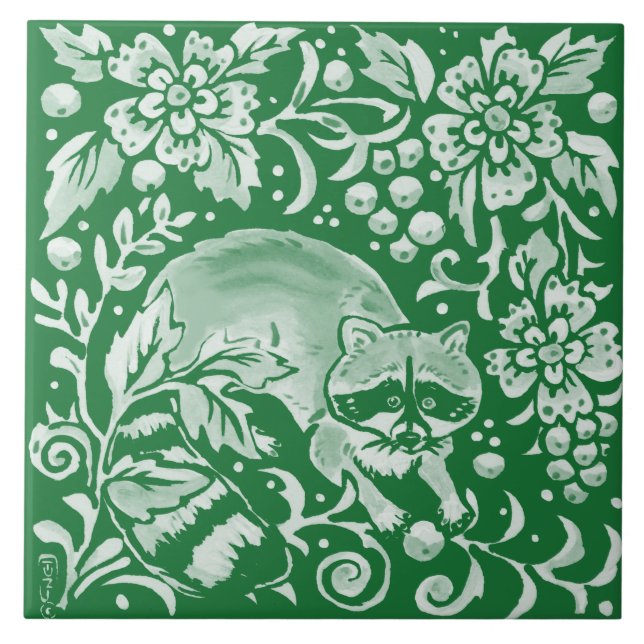 Azulejo De Cerâmica Emerald Green Woodland Raccoon Intricate Floral  (Frente)