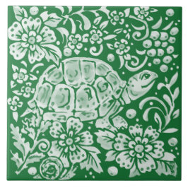 Azulejo De Cerâmica Emerald Green Woodland Turtle Intricate Floral