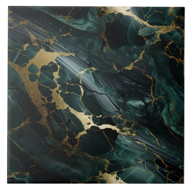Azulejo De Cerâmica Emerald Marble, Amarino Escuro, Detalhe Dourado (Frente)