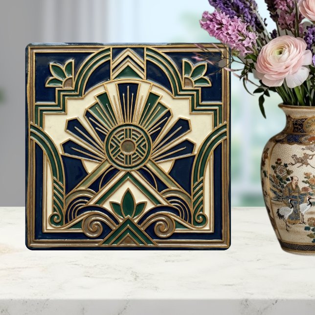 Azulejo De Cerâmica Emerald Navy Gold Art Deco Sun Rays Geometric  (Criador carregado)