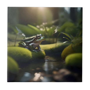 Azulejo De Cerâmica Emerald Serenity: Um Sapo Verde perto do rio,