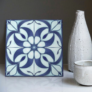 Azulejo De Cerâmica Encantador Floral Simétrico Azul e Branco