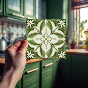 Azulejo De Cerâmica Encantadora Floral Simétrica em Verde Oliva Perido