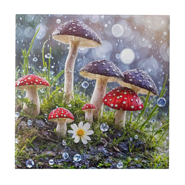 Azulejo De Cerâmica Encantando Toadstools Chuva Fantasia Floresta Dive (Frente)