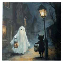 Azulejo De Cerâmica Encontro de Ghost e Gato do Halloween