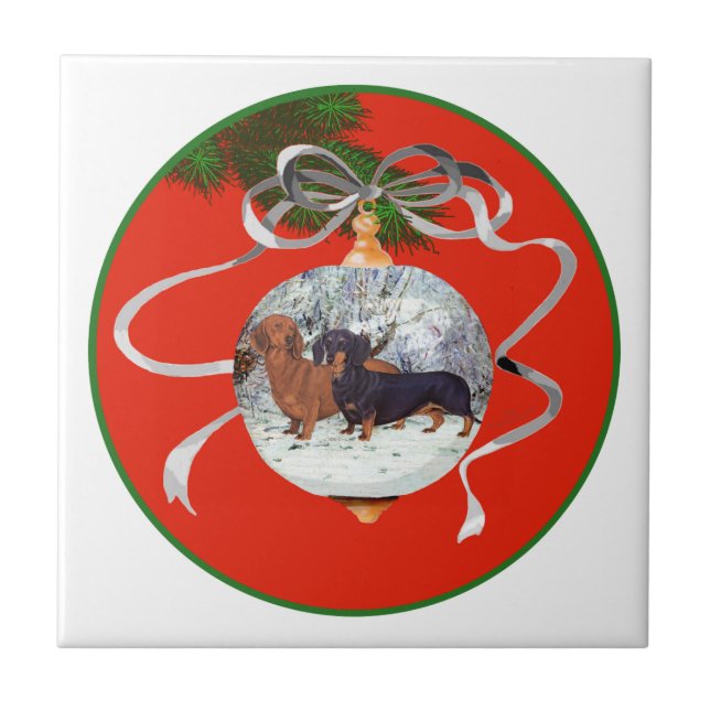 Azulejo De Cerâmica Enfeite de Natal de Dachshunds (Frente)