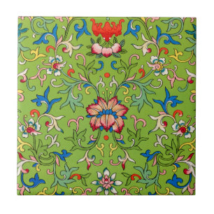 Azulejo De Cerâmica Enfeite Vintage Owen Jones Chinês Verde Floral