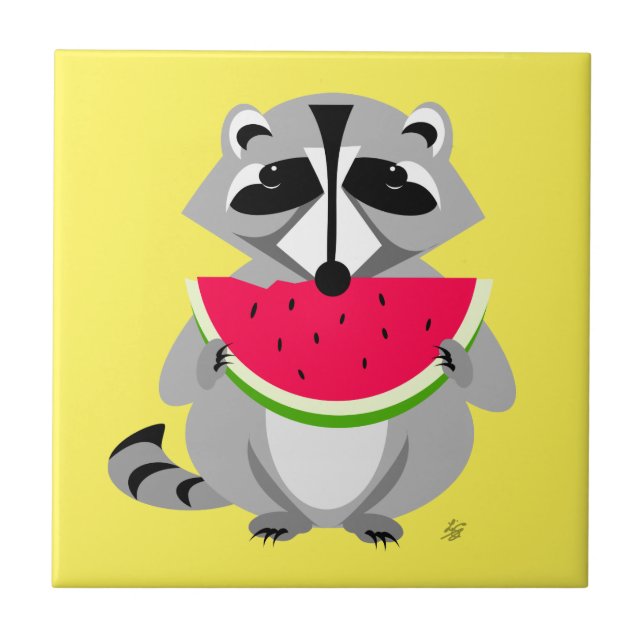 Azulejo De Cerâmica Engraçado Cartoon Raccoon Comendo Melancia (Frente)