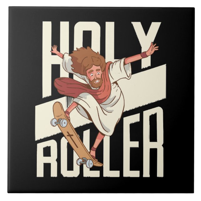 Azulejo De Cerâmica Engraçado Jesus de Patins Holy Roller (Frente)