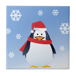 Azulejo De Cerâmica Engraçado Pinguim Natal Papai Noel Flocos de Neve