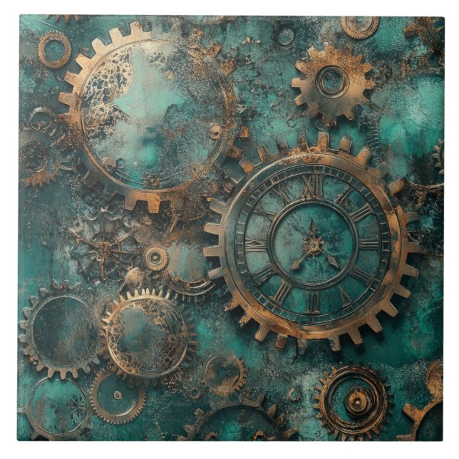 Azulejo De Cerâmica Engrenagens e Mecanismos Steampunk Vintage (Frente)