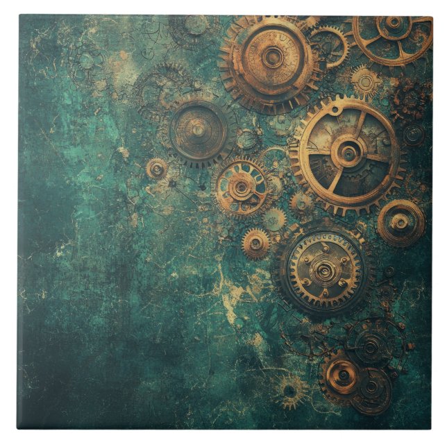 Azulejo De Cerâmica Engrenagens e Mecanismos Steampunk Vintage (Frente)