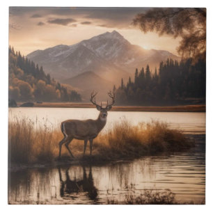 Azulejo De Cerâmica Enorme Deer em Corrida no Lago Montanha