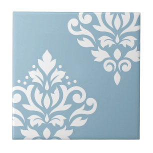 Azulejo De Cerâmica Enrole a arte do damasco mim branco na luz - azul