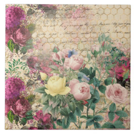 Azulejo De Cerâmica Ephemera Floral Rosa com Colmeia e Escrita Manual