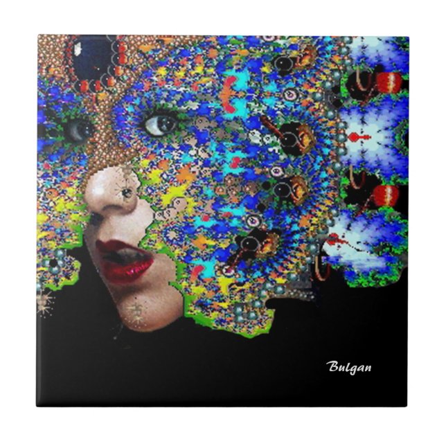 AZULEJO DE CERÂMICA  EPHEMERAL/MULHER COM MÁSCARA FRACTAL (Frente)