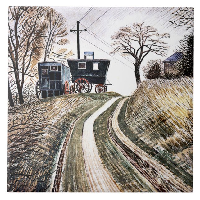 Azulejo De Cerâmica Eric Ravilious - Caravanas, (Frente)