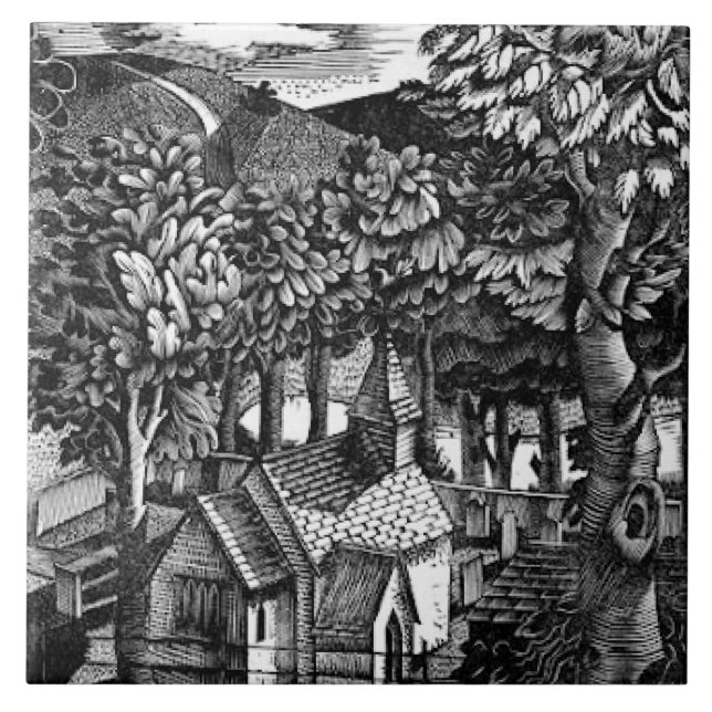 Azulejo De Cerâmica Eric Ravilious - Igreja sob uma colina, (Frente)
