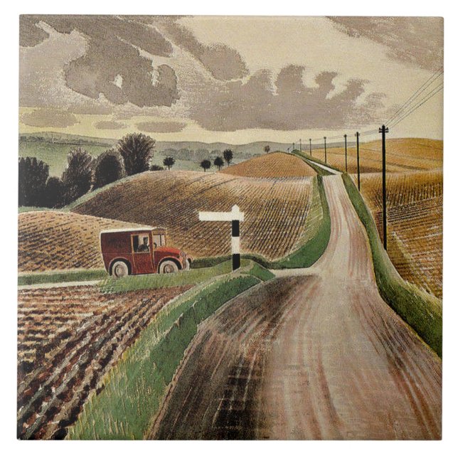 Azulejo De Cerâmica Eric Ravilious, Paisagem de Wiltshire, (Frente)