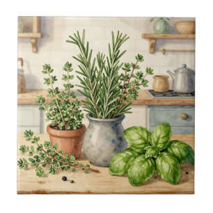 Azulejo De Cerâmica Ervas Frescas da Cozinha Aquarela 