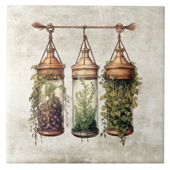Azulejo De Cerâmica Ervas Penduradas Rústicas Uvas Aquarelas (Frente)