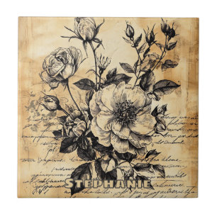 Azulejo De Cerâmica Esboço Botânico de Rosa Sepia Vintage em Letra Flo