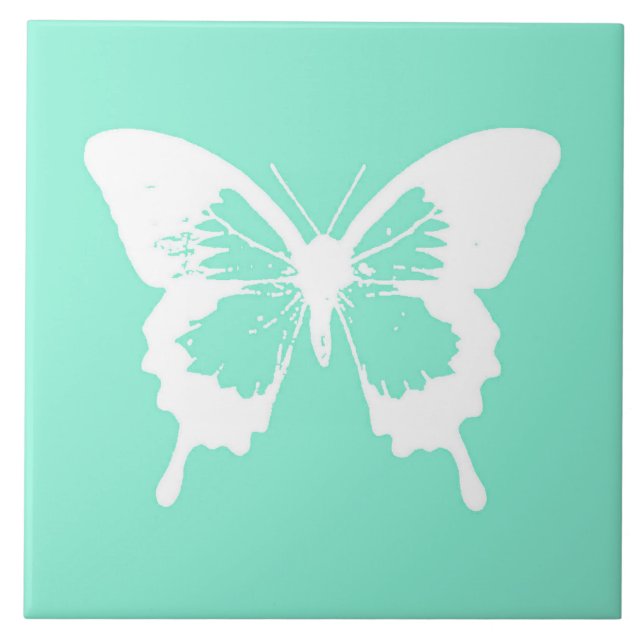 Azulejo De Cerâmica Esboço da borboleta, aqua e branco (Frente)