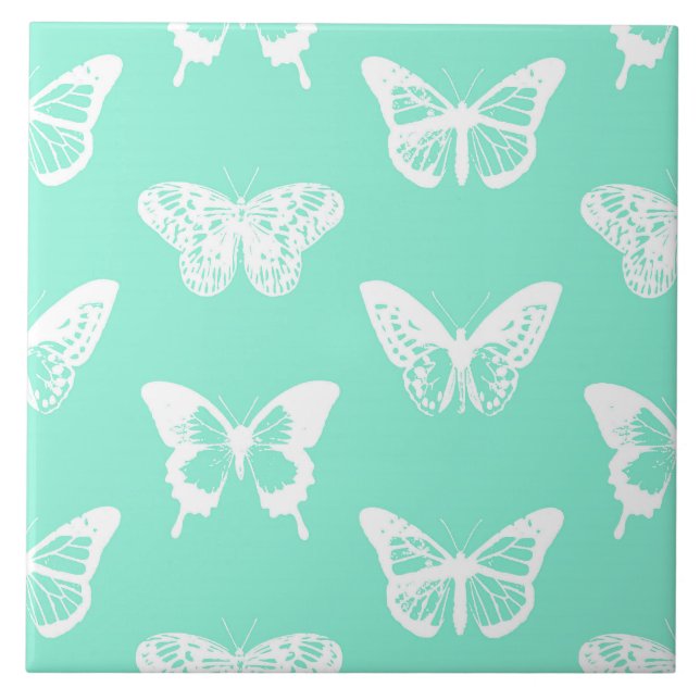 Azulejo De Cerâmica Esboço da borboleta, aqua e branco (Frente)