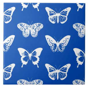 Azulejo De Cerâmica Esboço da borboleta, azul de cobalto e branco