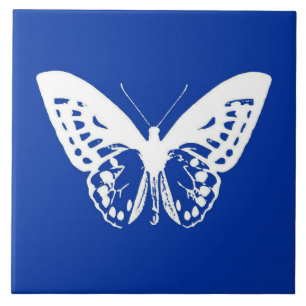 Azulejo De Cerâmica Esboço da borboleta, azul de cobalto e branco