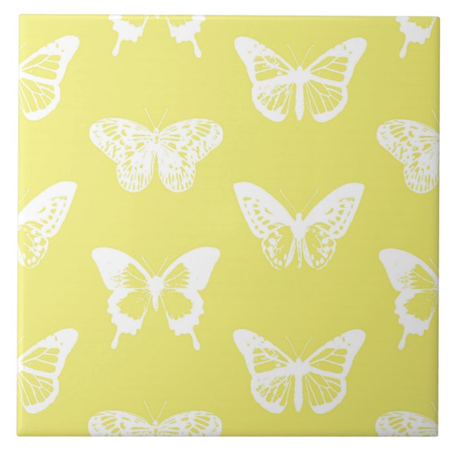Azulejo De Cerâmica Esboço da borboleta, ouro da mostarda e branco (Frente)
