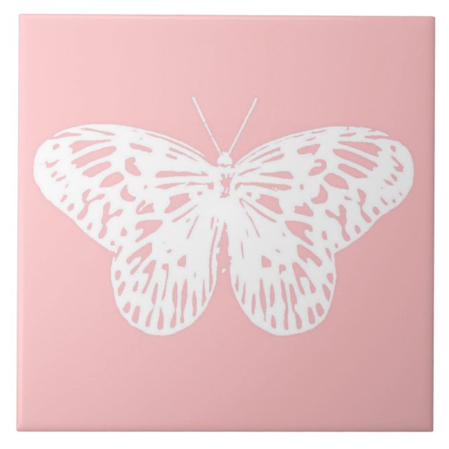 Azulejo De Cerâmica Esboço da borboleta, rosa-casca e branco (Frente)