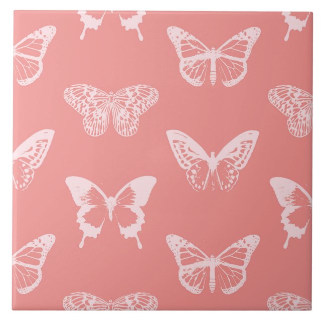 Azulejo De Cerâmica Esboço da borboleta, rosa-coral (Frente)