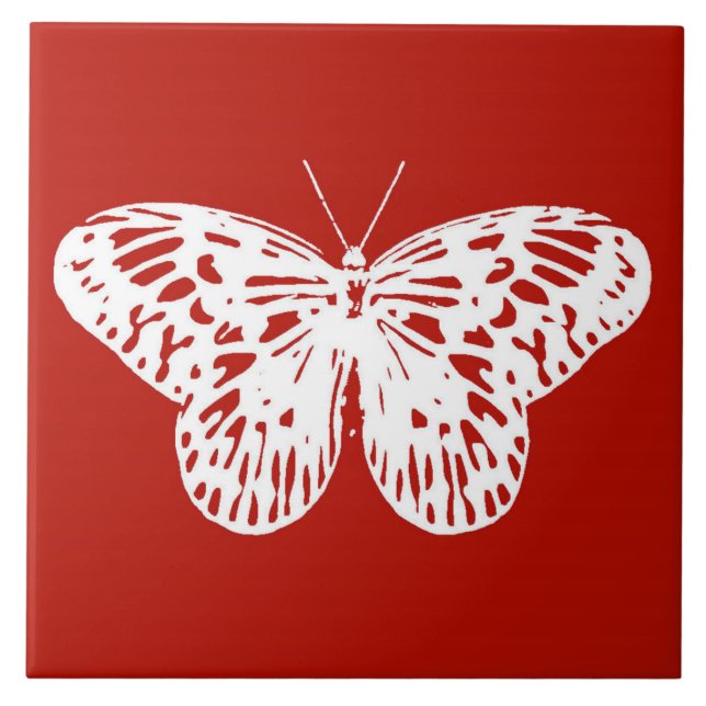 Azulejo De Cerâmica Esboço da borboleta, vermelho e branco profundos (Frente)