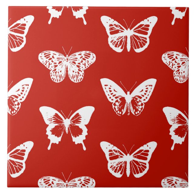 Azulejo De Cerâmica Esboço da borboleta, vermelho e branco profundos (Frente)
